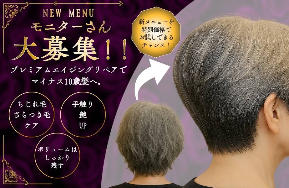 大人のための新メニュー/プレミアムエイジングケア『リペア』/モニター大募集！/ちじれ、ざらつきが気になるけど、ボリューは必要なので縮毛矯正はかけたくない！そんな方用。